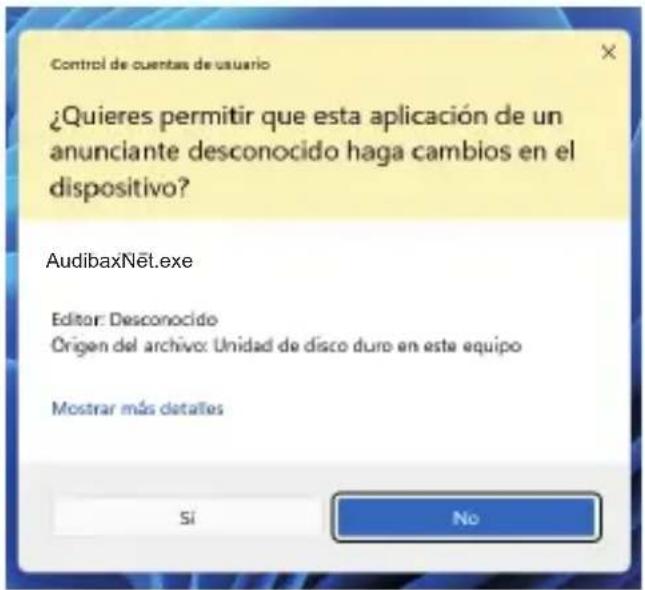 Control de cuentas de usuario ¿Quieres permitir que esta aplicación de un anunciante desconocido haga cambios en el dispositivo? AudibaxNet.exe Editor: Desconocido Origen del archivo: Unidad de disco duro en esta equipo Mostrar más detalles Sí No