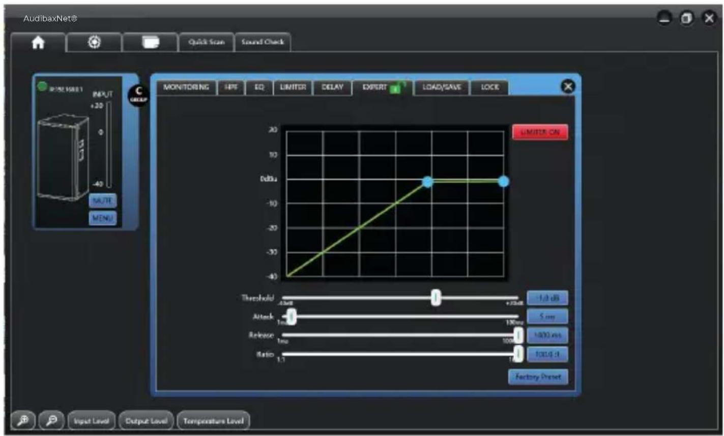 AudibaxNet® Quick Scan Sound Check R: 2510881 INPUT +20 0 -40 RATE MENU MONITORING SPT EQ LIMITER DELAY EXPERT LOAD/SAVE LOCK LIMITED ON dBtu -40 Threshold -3.5dB +7.5dB Attack 1ms 100ms Release 1ms 100ms Ratio L3 -1.0 dB 5 mm 1000 ms 100.0 Hz Factory Preset Input Level Output Level Temperature Level