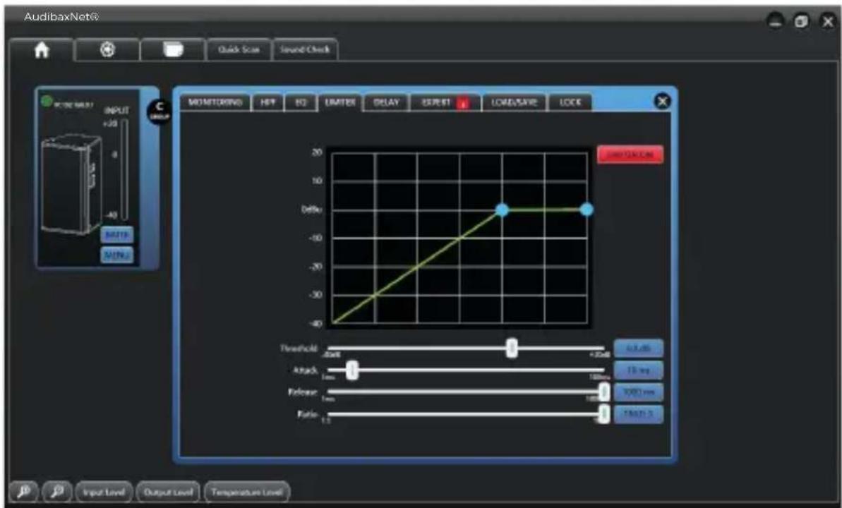 AudibaxNet6 Quick Scan Sound Check MOMITORING HIF ISO LIMITER DELAY EXPERT LOAD/SAVE LOCK INPUT +20 0 -40 RATE MINI C STARTING 100% 100% 100% 100% Threshold -20dB +20dB Alpha 1mm 100mm Delay 1ms 100ms Falls 1.5 1.5 dB 15 m/s 1000 mm MAX 3 Input Level Output Level Temperature Level