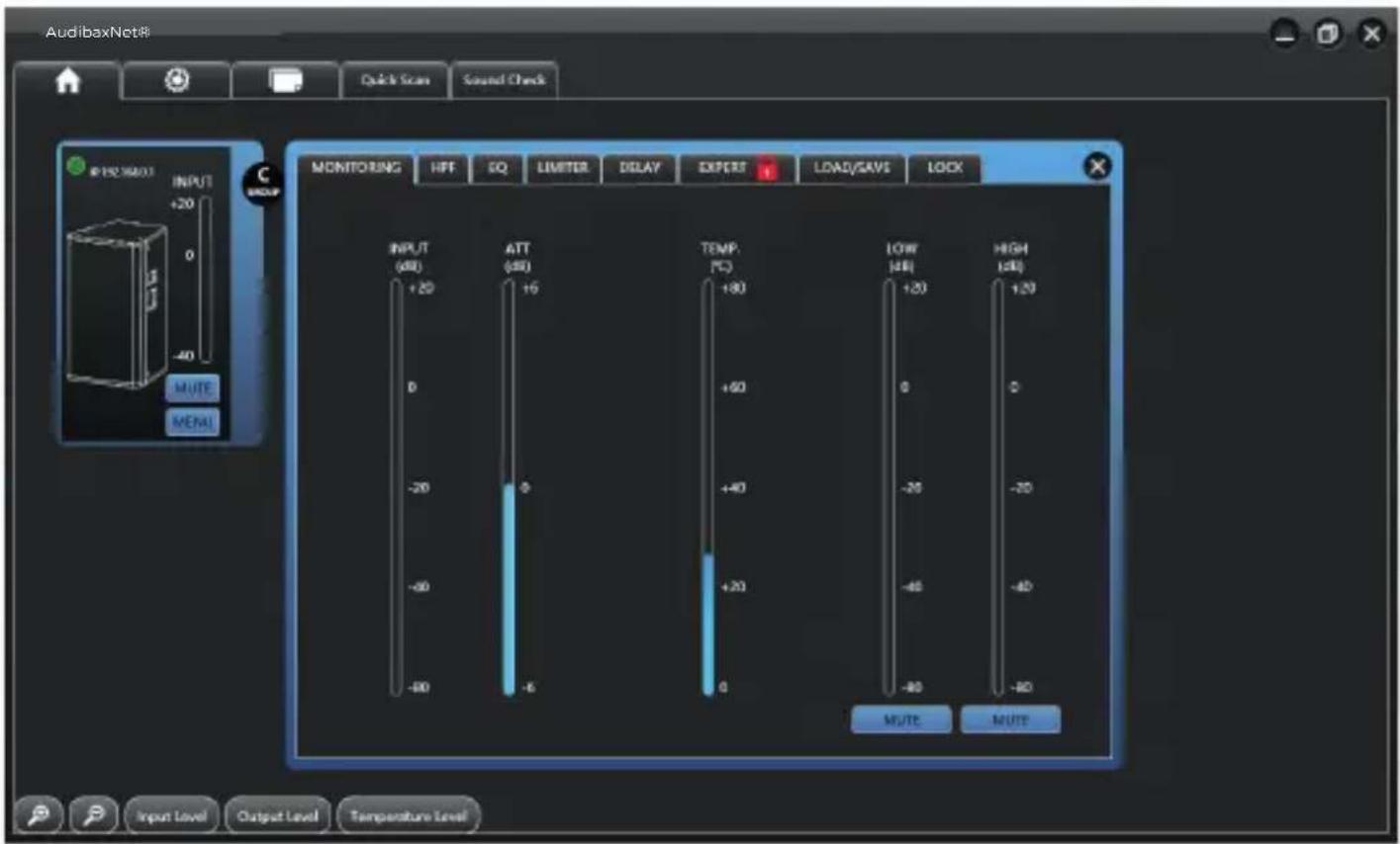 AudibaxNet® Quick Scan Sound Check INPUT +20 0 -40 MUTE MENU MONITORING HFF EQ LIMETER DELAY EXPERT LOAD/SAVE LOCK INPUT (±8) +20 ATT (±8) +6 TEMP. (℃) +90 LOW (±8) +20 HIGH (±8) 0 -20 -70 -40 -80 MUTE MUTE Input Level Output Level Temperature Level