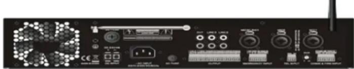 Back panel of a device with labeled ports and indicators, including CD-ROM, USB drive, and network switches.