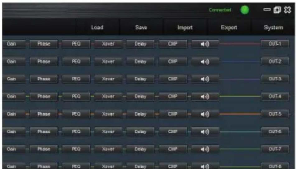 Connected Load Save.Import Export System Gain Phase PEQ Xaver Delay CMP OUT-1 Gain Phase PEQ Xaver Delay CMP OUT-2 Gain Phase PEQ Xaver Delay CMP OUT-3 Gain Phase PEQ Xaver Delay CMP OUT-4 Gain Phase PEQ Xaver Delay CMP OUT-5 Gain Phase PEQ Xaver Delay CMP OUT-6 Gain Phase PEQ Xaver Delay CMP OUT-7 Gain Phase PEQ Xaver Delay CMP OUT-8