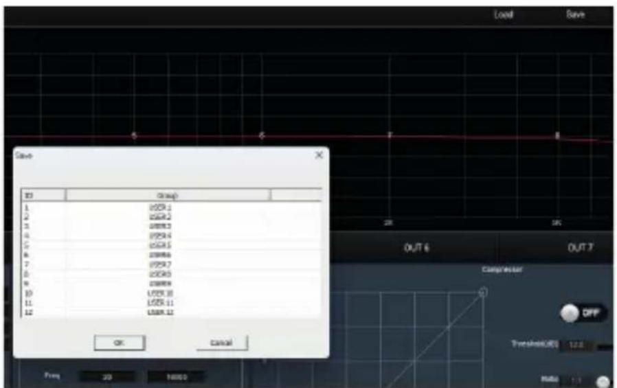 Load Save Group 1 2 3 4 5 6 7 8 9 10 11 12 OUT 6 OUT 7 Compressor OFF Threshold:0.1 12.2 OK Cancel From 20 16000 Multi 1:1