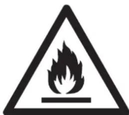 Warning sign depicting a flame symbol in a triangular shape, commonly used to indicate hazard or caution.