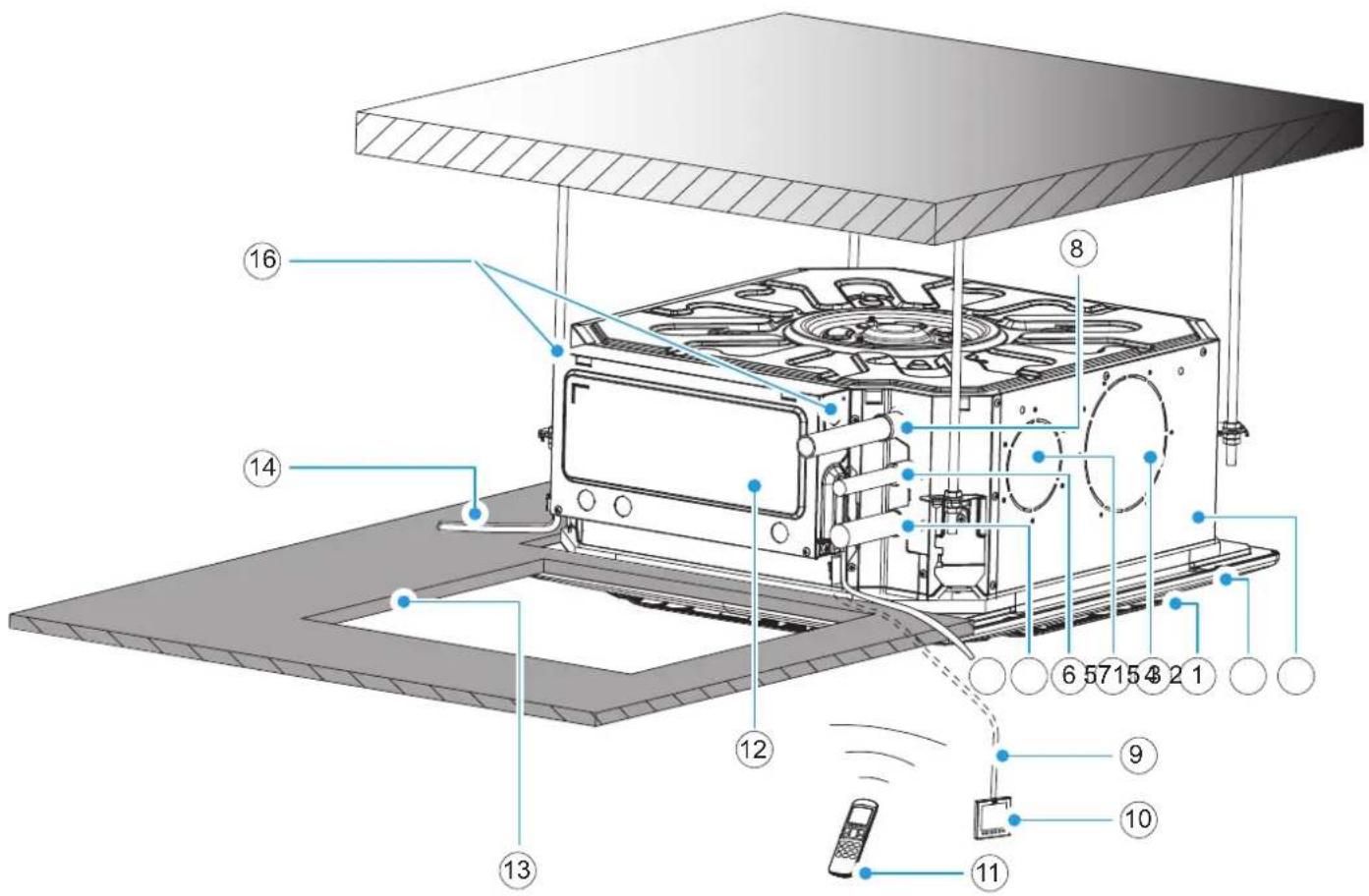 Technical diagram of a refrigerator with numbered parts and labeled connections, including a mobile phone and wireless signal.