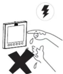 Safety warning illustration showing a hand holding a device with a lightning bolt and a 'X' symbol, indicating no protection or damage.