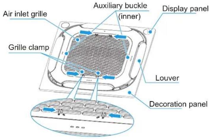 Air inlet grille Grille clamp Auxiliary buckle (inner) Display panel Louver Decoration panel
