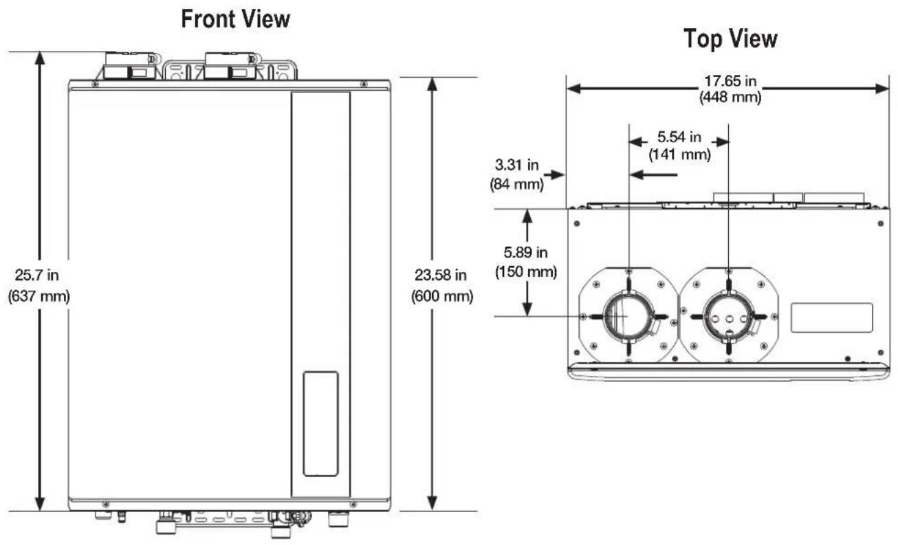 Front View 25.7 in (637 mm) 23.58 in (600 mm) Top View 17.65 in (448 mm) 5.54 in (141 mm) 3.31 in (84 mm) 5.89 in (150 mm)