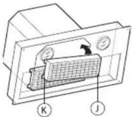 Technical diagram of a device panel with labeled components K and J, showing internal structure and directional arrows.
