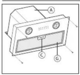 Technical diagram of a device front panel with labeled components A, C, and G