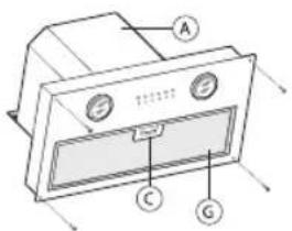 Technical diagram of a device front panel with labeled components A, B, C, and G