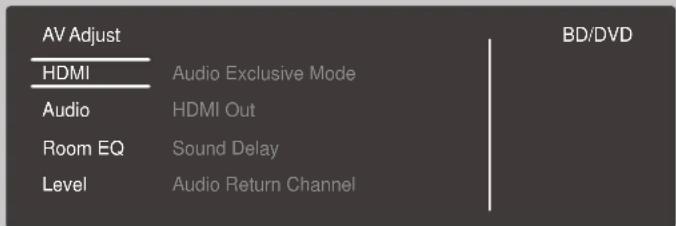 AV Adjust HDMI Audio Exclusive Mode Audio HDMI Out Room EQ Sound Delay Level Audio Return Channel BD/DVD