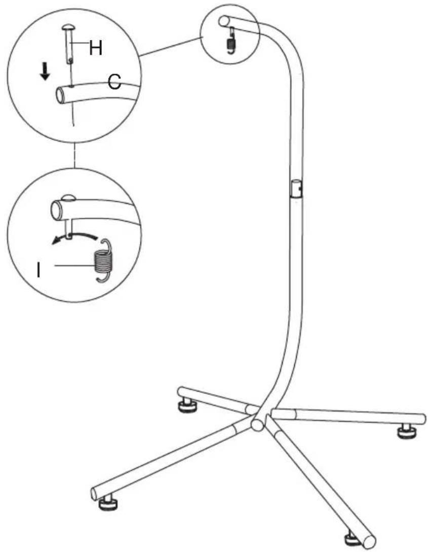Diagram illustrating a mechanical device with labeled parts and directional arrows, including parts H, C, I, and a spring mechanism.