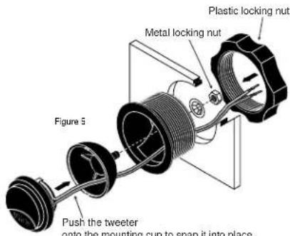 Plastic locking nut Metal locking nut Figure 5 Push the tweeter onto the mounting cup to snap it into place.