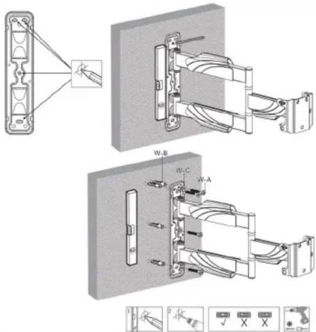 Technical diagram showing electrical wiring connections and component assembly, including a wall-mounted switch and three labeled parts (W-B, W-C, W-A) with tool icons.