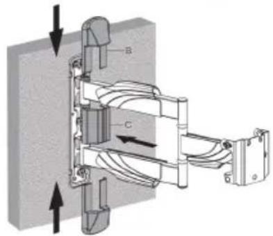 Technical diagram of a mechanical assembly with labeled components A, B, and C, showing directional arrows indicating movement or force.