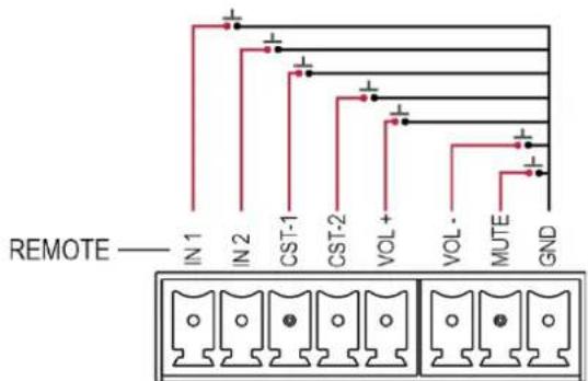 REMOTE —— IN 1 IN 2 CST-1 CST-2 VOL + VOL - MUTE GND
