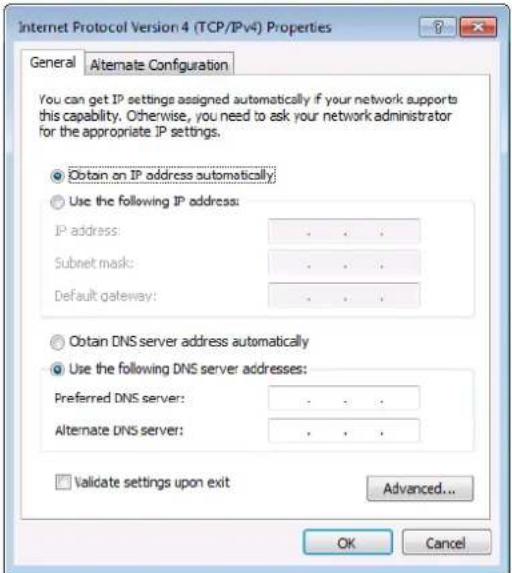 Internet Protocol Version 4 (TCP/IPv4) Properties General Alternate Configuration You can get IP settings assigned automatically if your network supports this capability. Otherwise, you need to ask your network administrator for the appropriate IP settings. Obtain an IP address automatically Use the following IP address: IP address: .. Subnet mask: .. Default gateway: .. Obtain DNS server address automatically Use the following DNS server addresses: Preferred DNS server: .. Alternate DNS server: .. Validate settings upon exit Advanced... OK Cancel