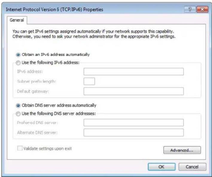 Internet Protocol Version 6 (TCP/IPv6) Properties General You can get IPv6 settings assigned automatically if your network supports this capability. Otherwise, you need to ask your network administrator for the appropriate IPv6 settings. Obtain an IPv6 address automatically Use the following IPv6 address: IPv6 address: Subnet prefix length: Default gateway: Obtain DNS server address automatically Use the following DNS server addresses: Preferred DNS server: Alternate DNS server: Validate settings upon exit Advanced... OK Cancel