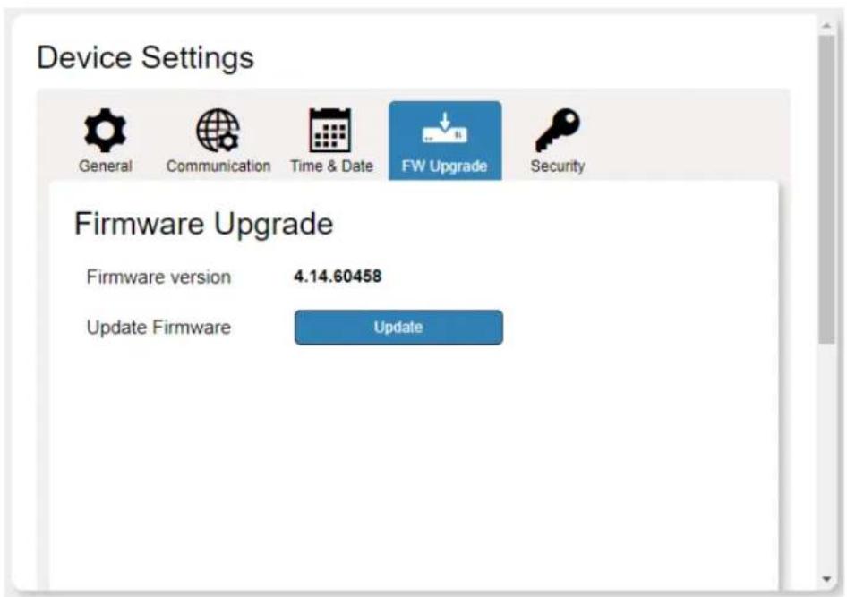 Device Settings General Communication Time & Date FW Upgrade Security Firmware Upgrade Firmware version 4.14.60458 Update Firmware Update
