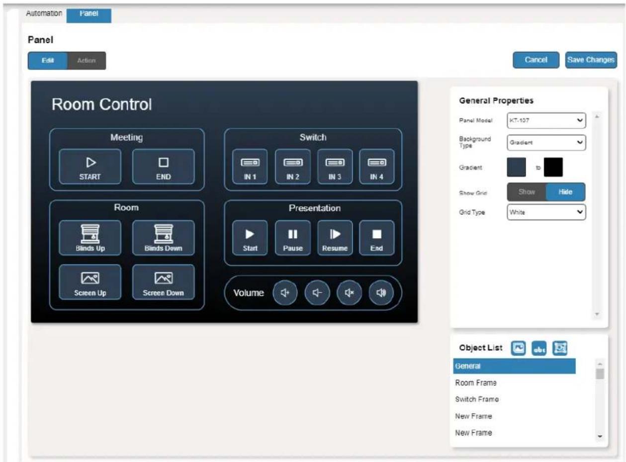 Automation Panel Panel Edit Action Room Control Meeting START END Switch IN 1 IN 2 IN 3 IN 4 Room Binds Up Binds Down Screen Up Screen Down Presentation Start Pause Resume End Volume Cancel Save Changes General Properties Panel Model KT-107 Background Type Gradient b Show Grid Show Hide Grid Type White Object List General Room Frame Switch Frame New Frame New Frame