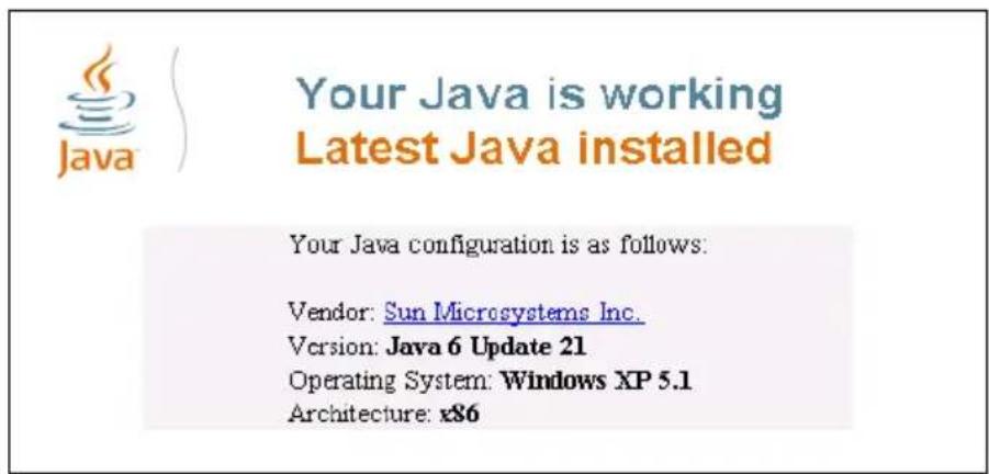 Java is working Latest Java installed Your Java configuration is as follows: Vendor: Sun Microsystems Inc. Version: Java 6 Update 21 Operating System: Windows XP 5.1 Architecture: x86