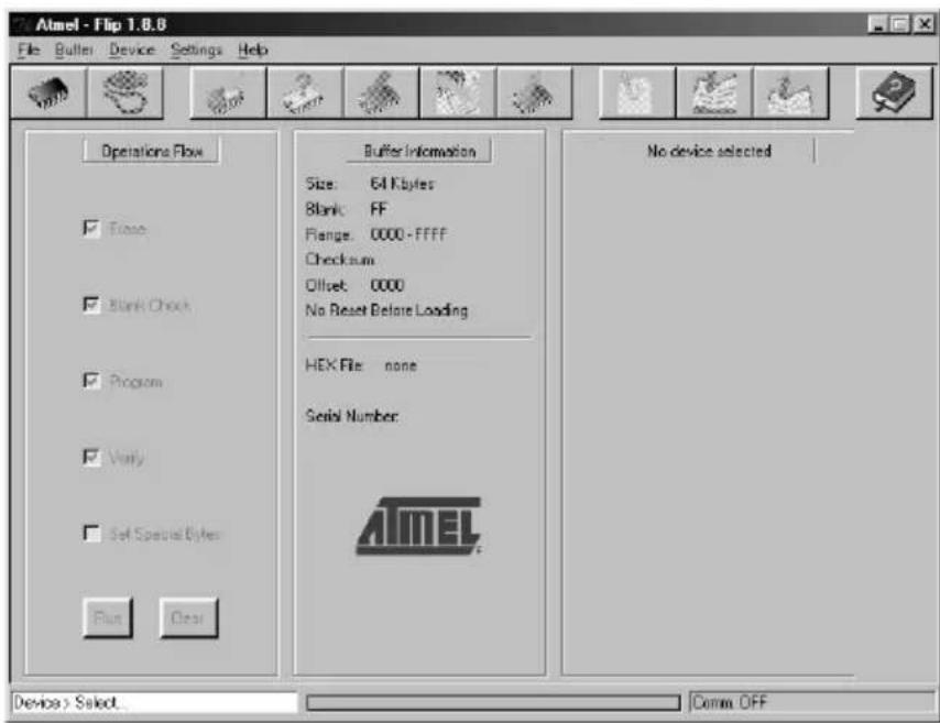 Almel - Flip 1.8.0 File Buffer Device Settings Help Operations Flow Blank Blank Check Program Vary Set Special Bytes Run Clear Buffer Information Size: 64 K bytes Blank: FF Range: 0000 - FFFF Checksum Offset: 0000 No Reset Before Loading HEX File: none Serial Number: Device > Select Comm OFF