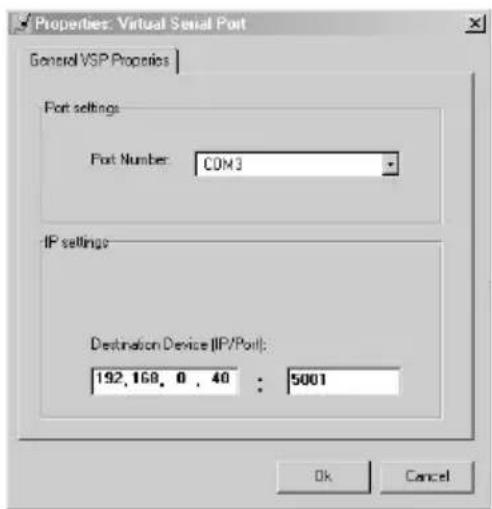 Properties: Virtual Serial Port General VSP Properties Port settings Port Number: COM3 IP settings Destination Device (IP/Port): 192, 168, 0, 40 : 5001 Ok Cancel