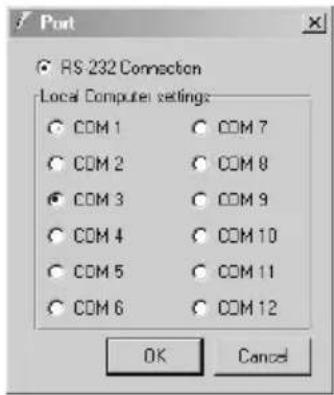 Port RS-232 Connection Local Computer settings COM 1 COM 7 COM 2 COM 8 COM 3 COM 9 COM 4 COM 10 COM 5 COM 11 COM 6 COM 12 OK Cancel