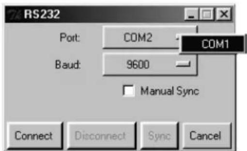 RS232 Port: COM2 COM1 Baud: 9600 Manual Sync Connect Disconnect Sync Cancel