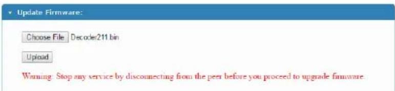 Update Firmware: Choose File Decoder211 bin Upload Warning: Stop any service by disconnecting from the peer before you proceed to upgrade firmware.