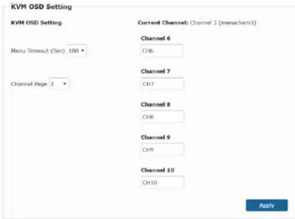 KVM OSD Setting KVM OSD Setting Menu Timeout (Sec) 180 Channel Page 2 Current Channel: Channel 3 (menachem3) Channel 6 CH6 Channel 7 CH7 Channel 8 CH8 Channel 9 CH9 Channel 10 CH10 Apply