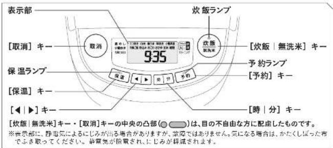 表示部 [取消] キー 保温ランプ [保温] キー [◀ ▶] キー [吹飯 フ無洗米] キー [吹飯 無洗米] キー 935 [時 分] キー [予約] キー [予約] キー [吹飯 | 無洗米] キー [吹飯 | 無洗米] キー [吹飯 | 無洗米] キー [吹飯 | 無洗米] キー [吹飯 | 無洗米] キー [吹飯 | 無洗米] キー [吹飯 | 無洗米] キー [吹飯 | 無洗米] ユー [吹飯 | 無洗米] キー [吹飯 | 無洗米] キー [吹飯 | 無洗米] キー [吹飯 | 無洗米] キー [吹飯 | 無洗米] キー [吹飯 | 無洗米] キー [吹飯 | 無洗米] キー