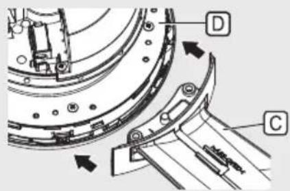 Technical diagram of a mechanical assembly with labeled parts D and C, showing directional arrows indicating movement or assembly.