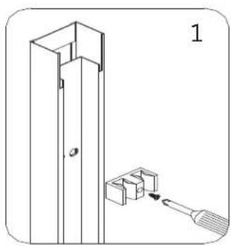 Technical line drawing of a mechanical assembly with a screwdriver inserted into a bracket (no text or symbols)