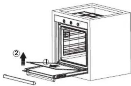 Diagram of an oven with labeled parts and directional arrow indicating assembly or inspection
