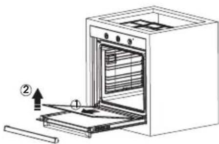 Diagram of an oven with labeled parts and directional arrows indicating assembly or installation steps