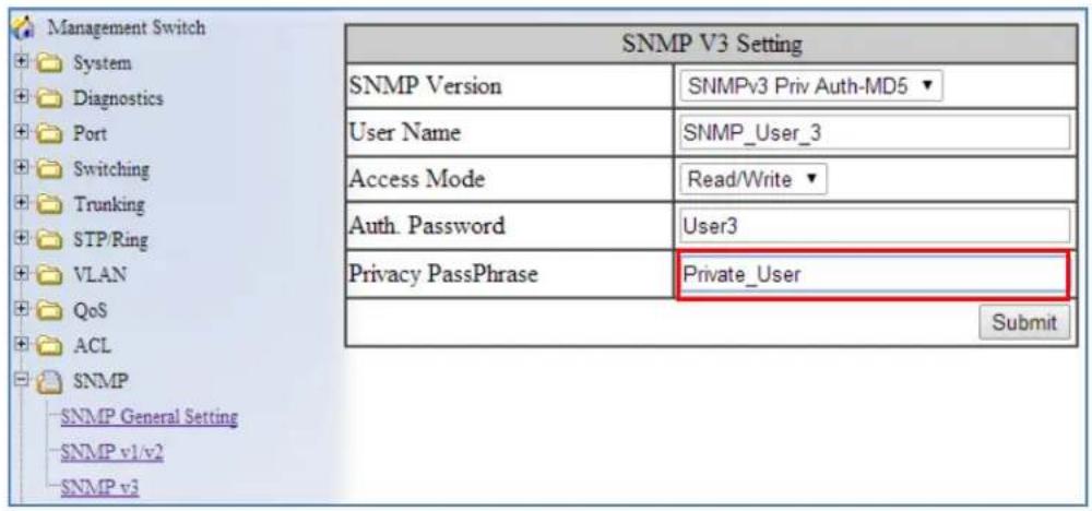 Management Switch System Diagnostics Port Switching Trunking STP/Ring VLAN QoS ACL SNMP SNMP General Setting SNMP v1/v2 SNMP v3 SNMP V3 Setting SNMP Version SNMPv3 Priv Auth-MD5 ▼ User Name SNMP_User_3 Access Mode Read/Write ▼ Auth. Password User3 Privacy PassPhrase Private_User Submit