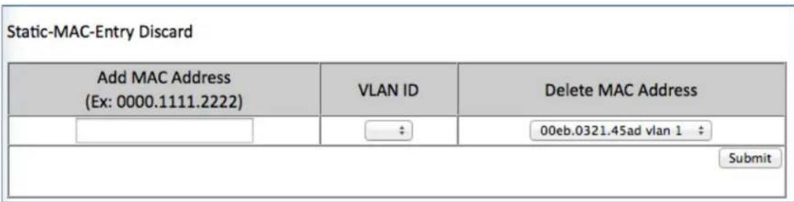 Static-MAC-Entry Discard Add MAC Address (Ex: 0000.1111.2222) VLAN ID Delete MAC Address □ 00eb.0321.45ad vlan 1 Submit