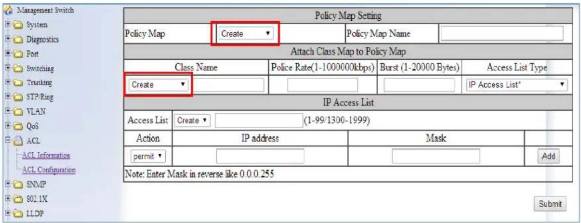 Management Switch System Diagnostics Port Switching Trunking STP Ring VLAN QoS ACL ACL Information ACL Configuration SNMP $0.1X LLDP Policy Map Setting Policy Map Create Policy Map Name Attach Class Map to Policy Map Class Name Police Rate(1-1000000kbps) Burst (1-20000 Bytes) Access List Type Create IP Access List Access List Create (1-99/1300-1999) Action IP address Mask permit Note: Enter Mask in reverse like 0.0.0.255 Submit