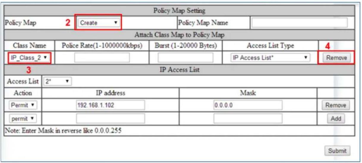 Policy Map Setting Policy Map 2 Create Policy Map Name Attach Class Map to Policy Map Class Name Police Rate(1-1000000kbps) Burst (1-20000 Bytes) Access List Type 4 IP_Class_2 IP Access List Remove 3 Access List 2* Action IP address Mask Permit 192.168.1.102 0.0.0.0 Remove permit Note: Enter Mask in reverse like 0.0.0.255 Add Submit