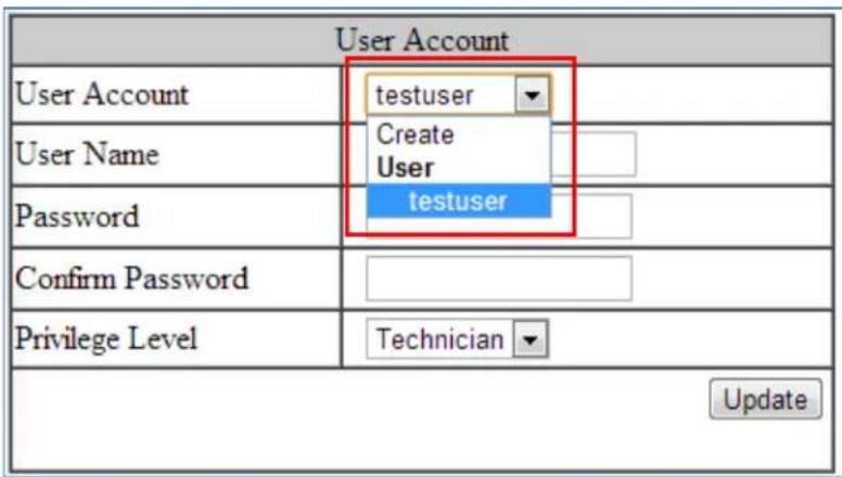 User Account User Account testuser Create User testuser User Name Password Confirm Password Privilege Level Technician Update