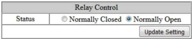 Relay Control Status ○ Normally Closed ● Normally Open Update Setting