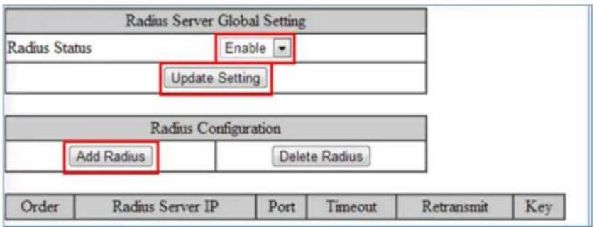 Radius Server Global Setting Radius Status Enable Update Setting Radius Configuration Add Radius Delete Radius Order Radius Server IP Port Timeout Retransmit Key