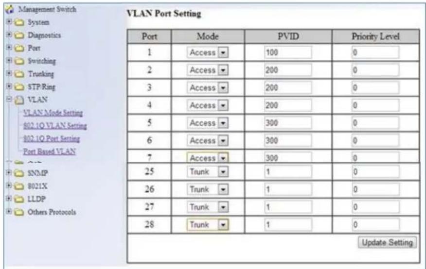 VLAN Port Setting Port Mode PVID Priority Level 1 Access 100 0 2 Access 200 0 3 Access 200 0 4 Access 200 0 5 Access 300 0 6 Access 300 0 7 Access 300 0 25 Trunk 1 0 26 Trunk 1 0 27 Trunk 1 0 28 Trunk 1 0 Update Setting