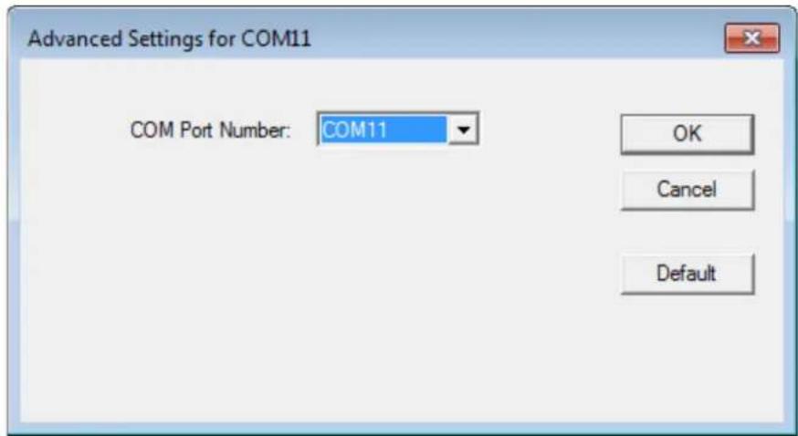 Advanced Settings for COM11 COM Port Number: COM11 OK Cancel Default