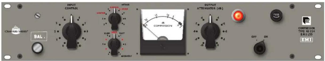 INPUT CONTROL ATTAGE COMPRESSOR (48) OUTPUT ATTENUATOR (48) FUSE COMPRESSOR TYPE RS124 EMI LTD EMI BAL.