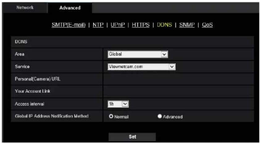 Network Advanced SMTP(E-mail) | NTP | UPnP | HTTPS | DDNS | SNMP | QoS DDNS Area Global Service Viewnetcam.com Personal(Camera) URL Your Account Link Access interval 1h Global IP Address Notification Method Normal Advanced Set