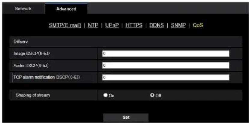 Network Advanced SMTP(E-mail) | NTP | UPnP | HTTPS | DDNS | SNMP | QoS Diffserv Image DSCP(0-63) 0 Audio DSCP(0-53) 0 TCP alarm notification DSCP(0-63) 0 Shaping of stream ● On ○ Off Set