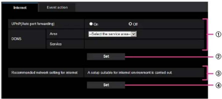 Internet Event action UPnP(Auto port forwarding) On Off DDNS Area —Select the service area— Service Set Recommended network setting for internet A setup suitable for internet environment is carried out. Set ① ② ③ ④